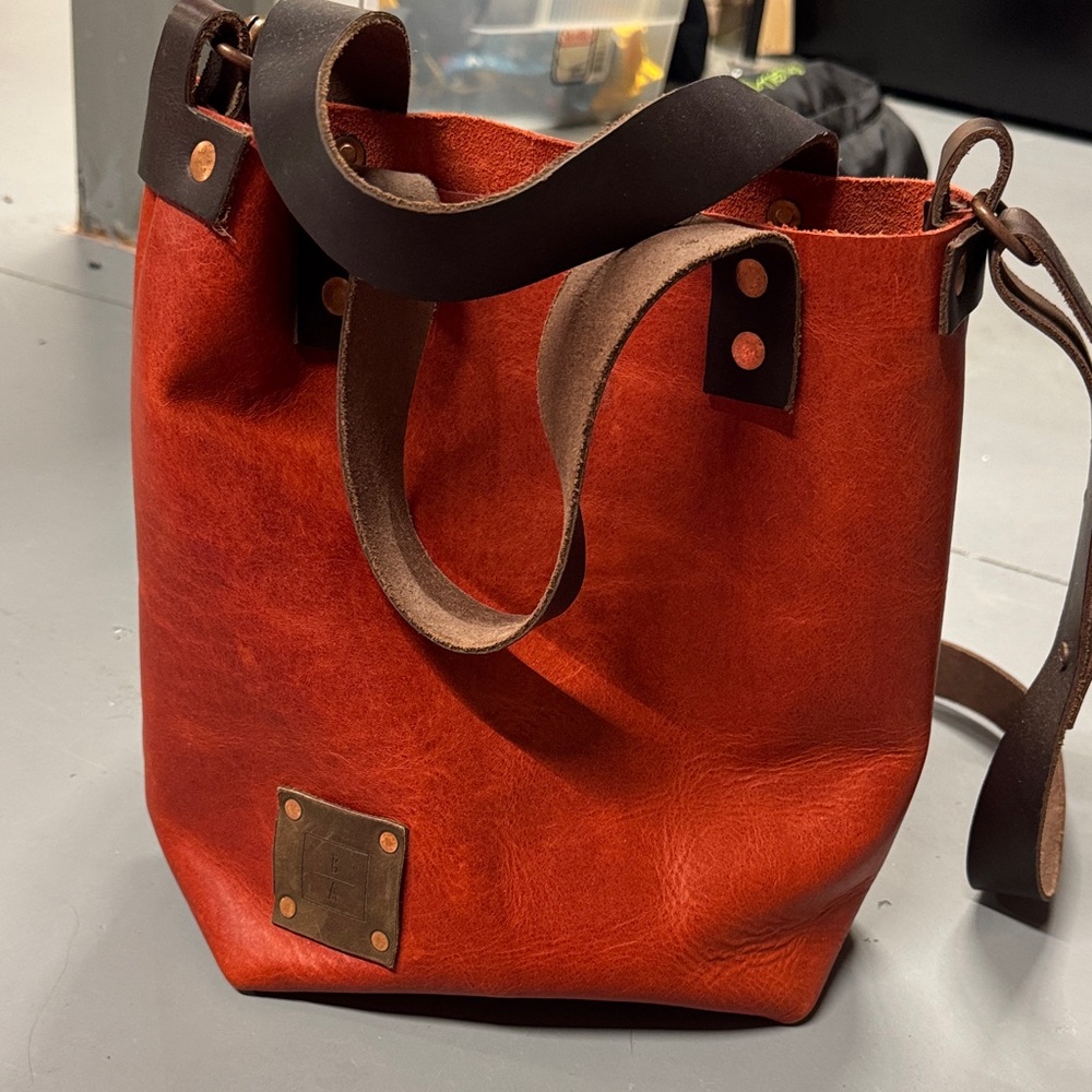 Leather Tote Bag in Burnt Orange with Dark Brown Straps